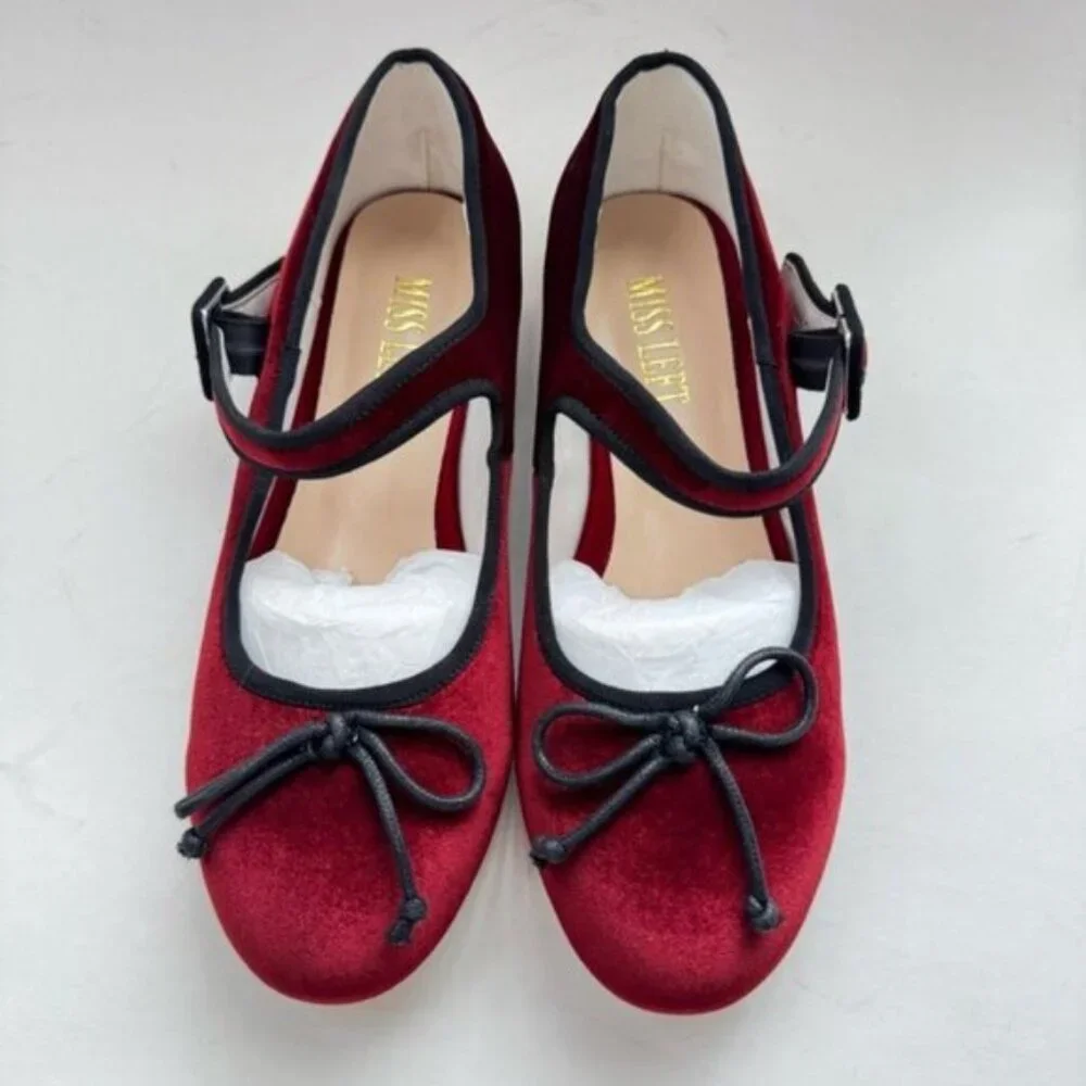 Size 7.5 Miss Left Women Bowknot Ankle Strap Classic Ballet Flats Burgundy - Picture 8 of 12